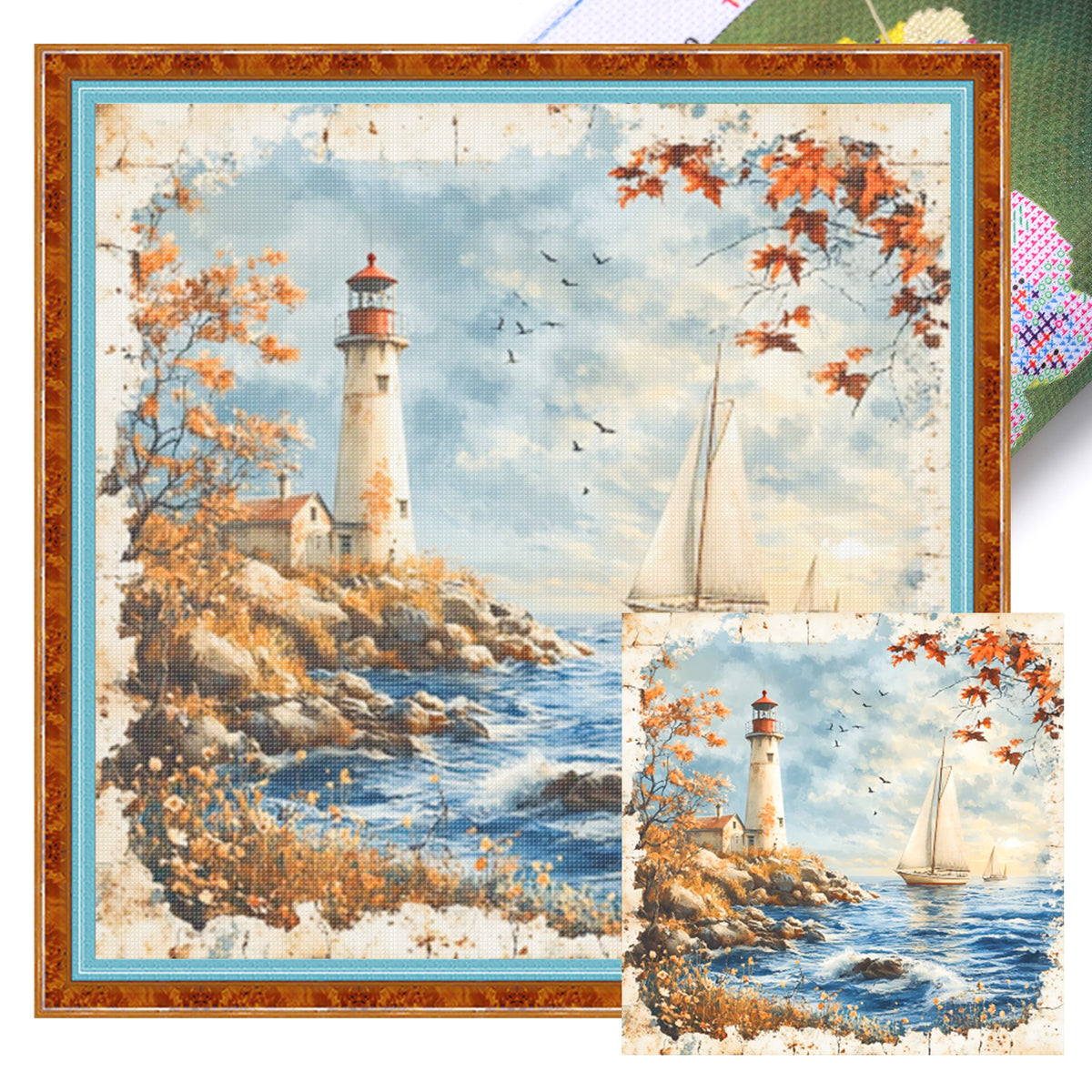 Meeres-Leuchtturm Segelboot - Vollständiges 11CT Stanz-Kreuzstichset 45x45CM - Huacan
