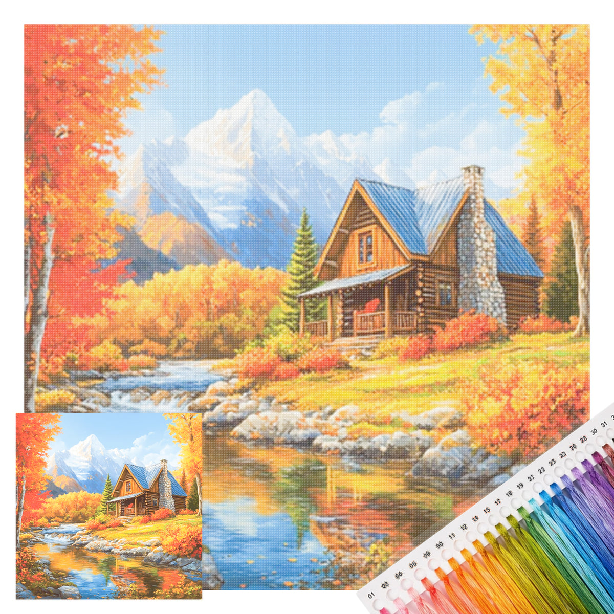 Herbstliches Bergsee-Holzhaus – Vollständiges 11CT gestempeltes Kreuzstichset 45x45CM – Huacan