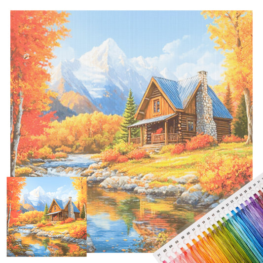 Herbstliches Bergsee-Holzhaus – Vollständiges 11CT gestempeltes Kreuzstichset 45x45CM – Huacan