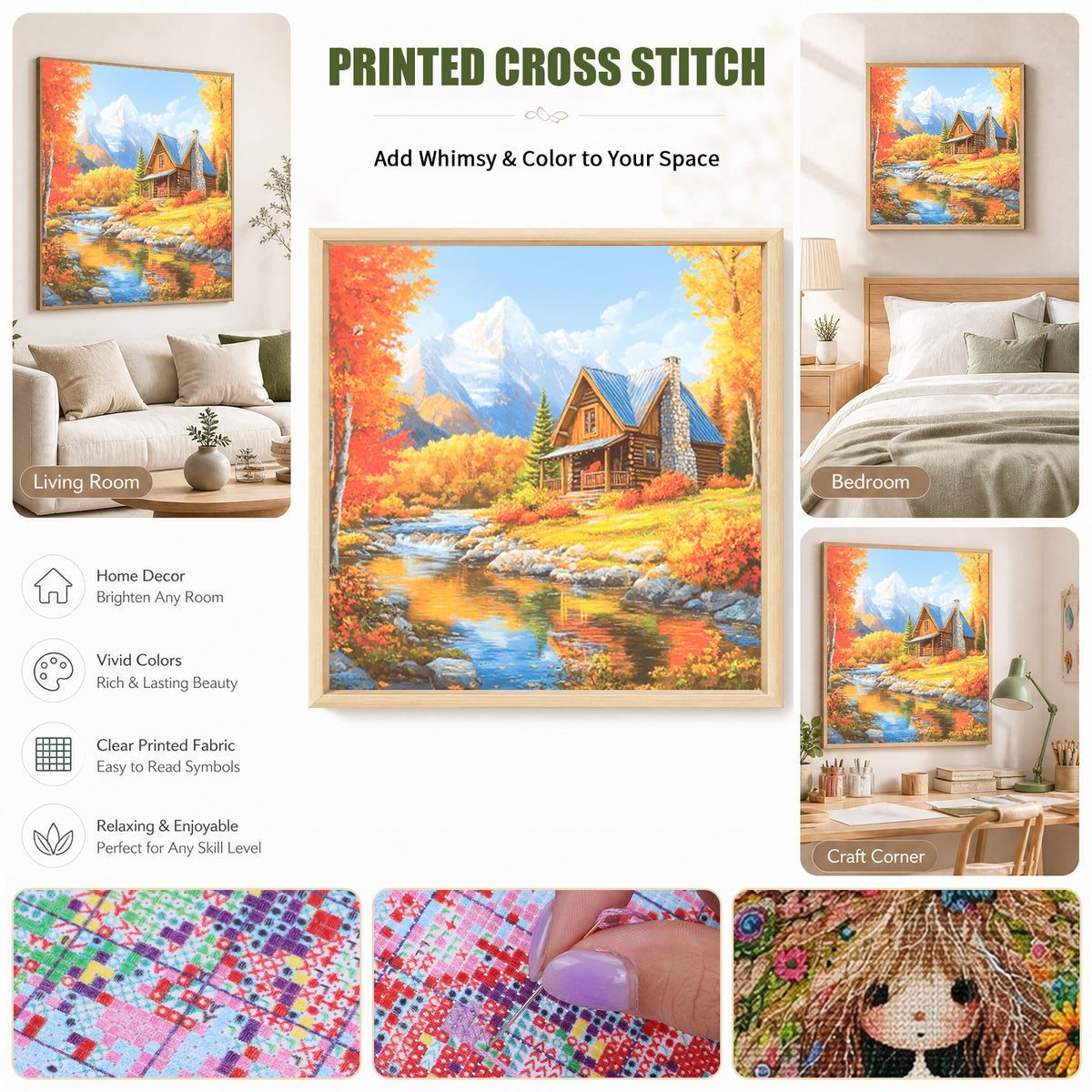 Herbstliches Bergsee-Holzhaus – Vollständiges 11CT gestempeltes Kreuzstichset 45x45CM – Huacan