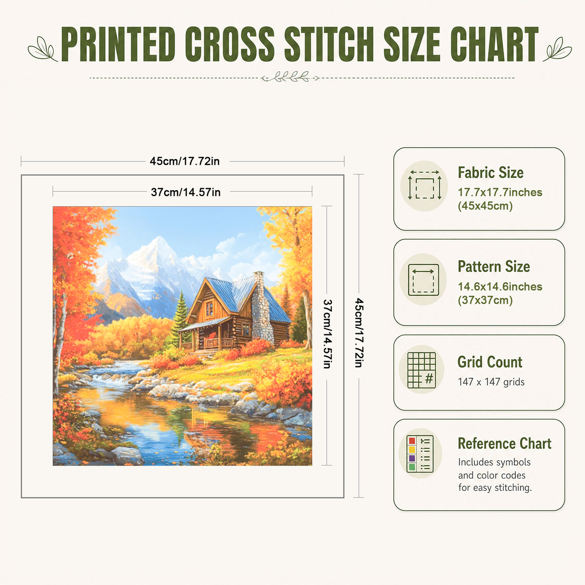 Herbstliches Bergsee-Holzhaus – Vollständiges 11CT gestempeltes Kreuzstichset 45x45CM – Huacan
