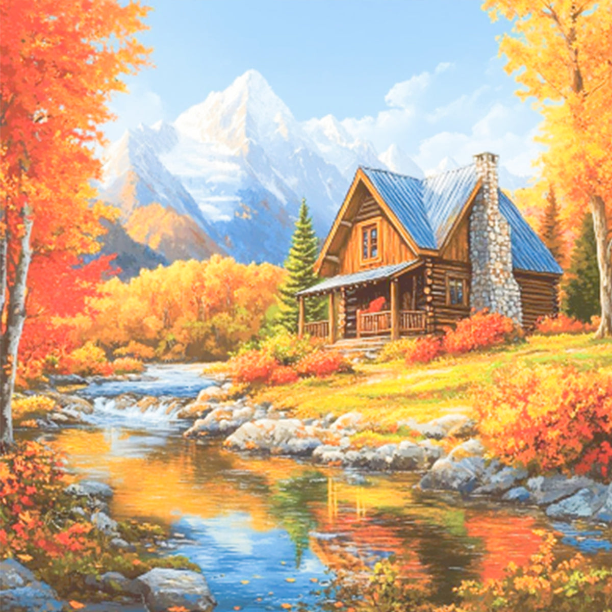 Herbstliches Bergsee-Holzhaus – Vollständiges 11CT gestempeltes Kreuzstichset 45x45CM – Huacan