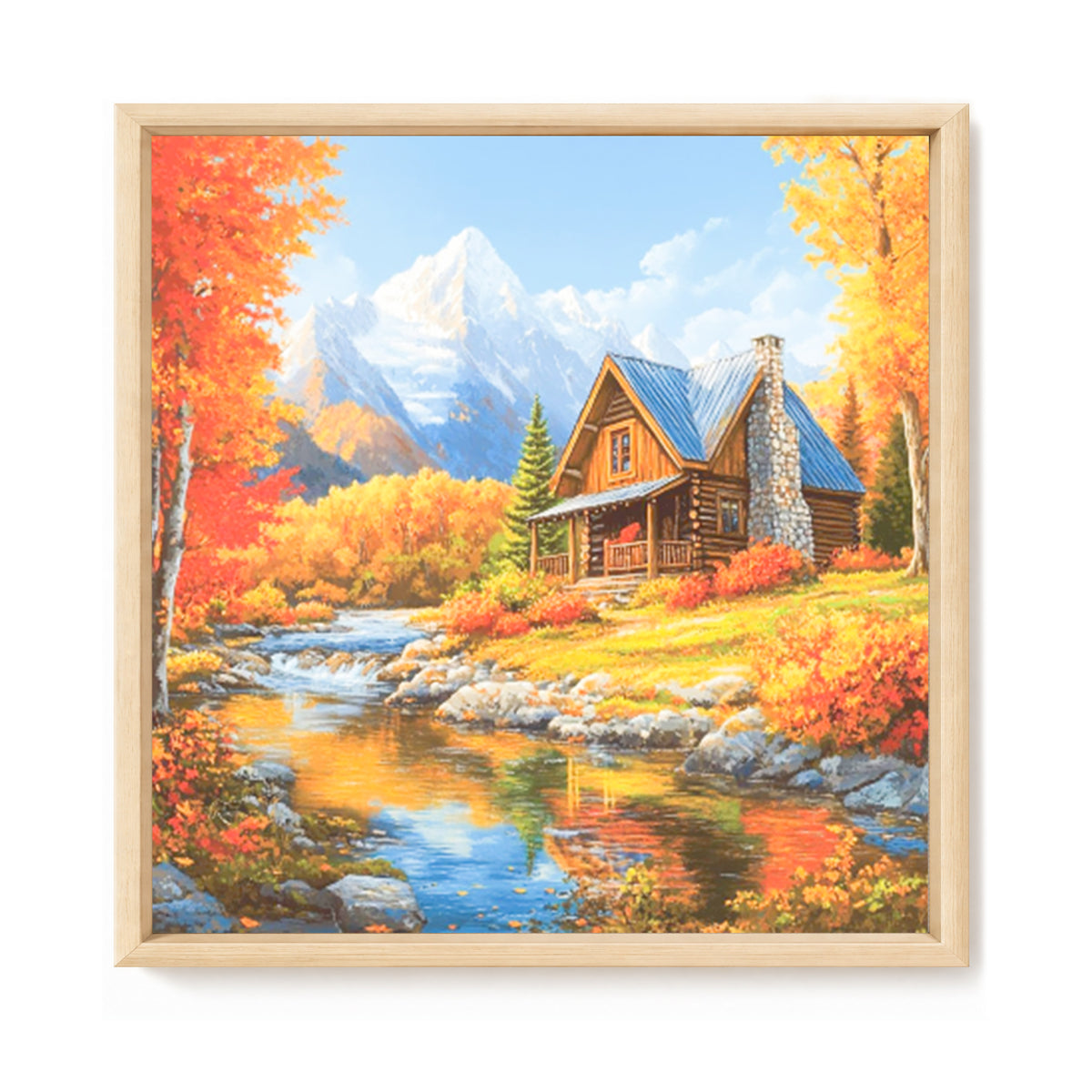 Herbstliches Bergsee-Holzhaus – Vollständiges 11CT gestempeltes Kreuzstichset 45x45CM – Huacan