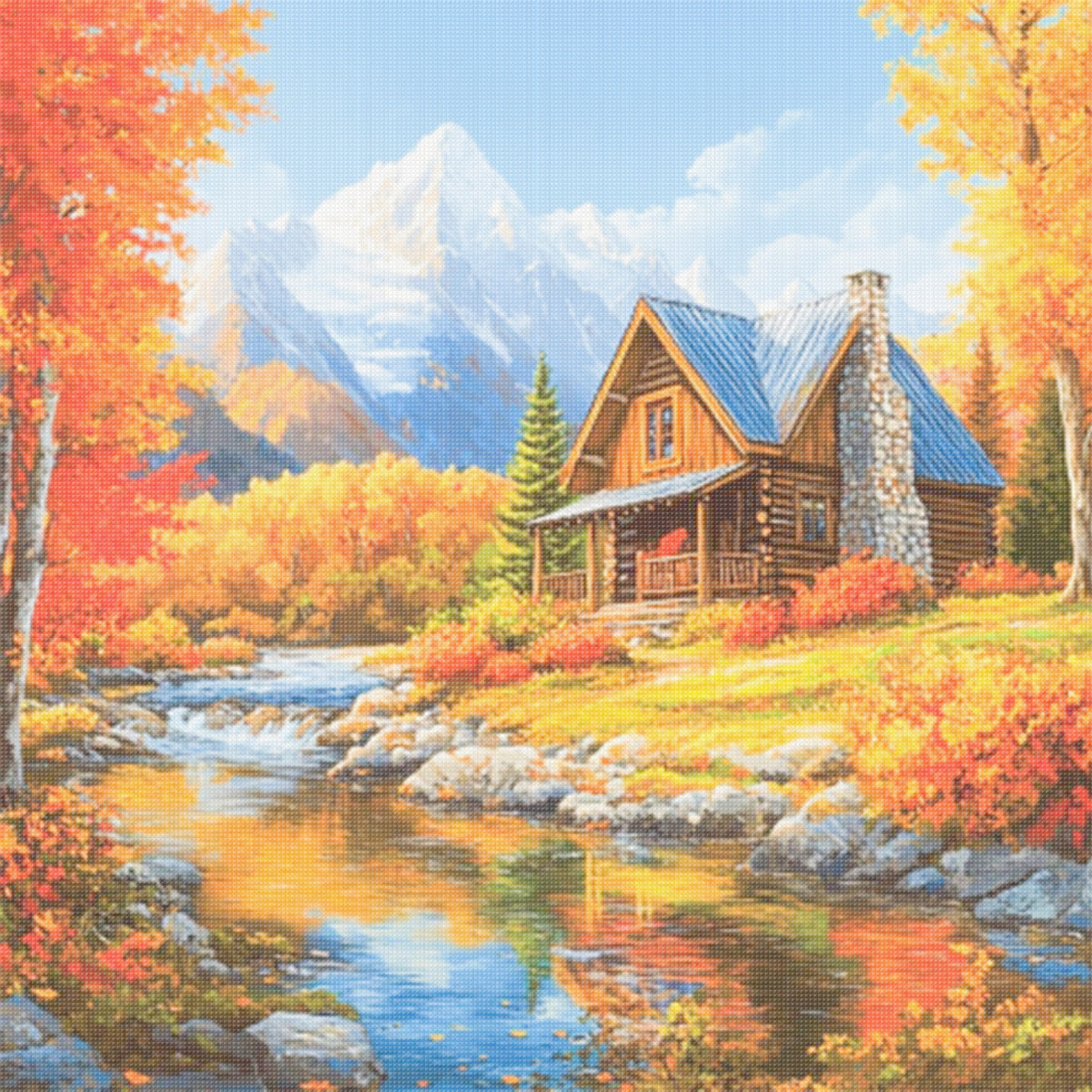 Herbstliches Bergsee-Holzhaus – Vollständiges 11CT gestempeltes Kreuzstichset 45x45CM – Huacan