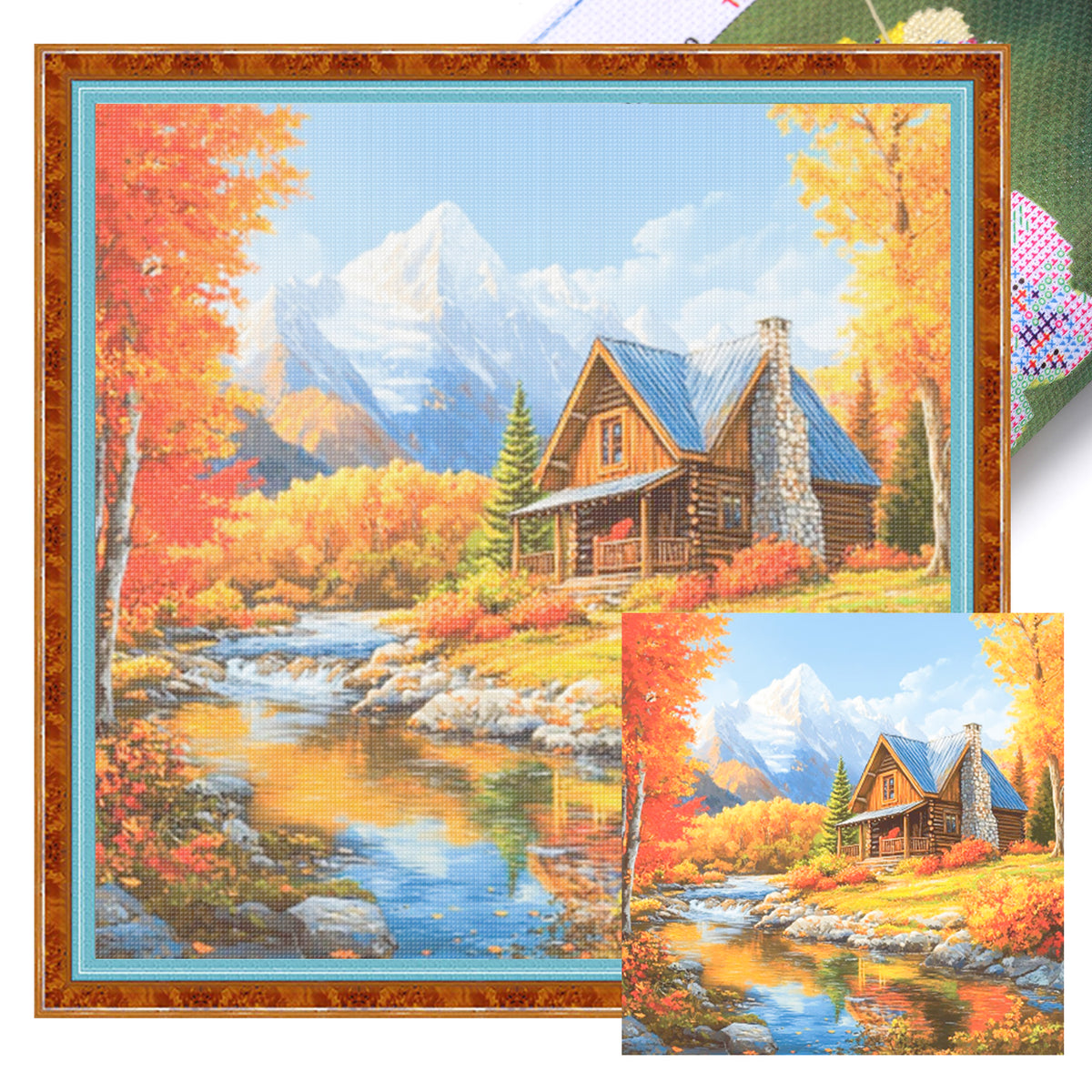 Herbstliches Bergsee-Holzhaus – Vollständiges 11CT gestempeltes Kreuzstichset 45x45CM – Huacan
