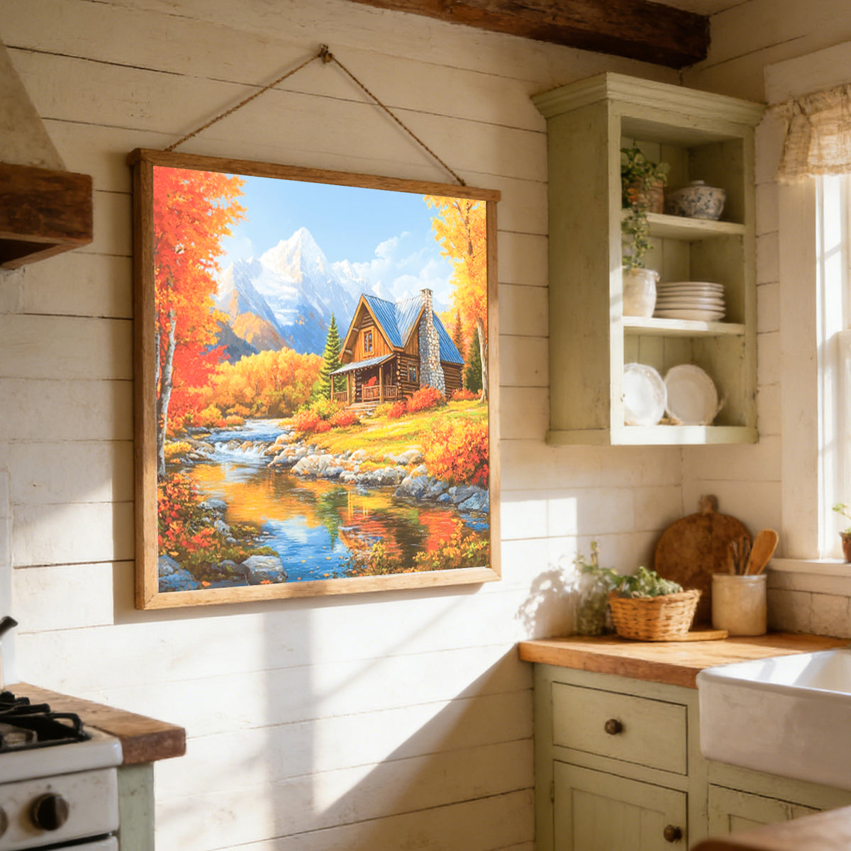 Herbstliches Bergsee-Holzhaus – Vollständiges 11CT gestempeltes Kreuzstichset 45x45CM – Huacan