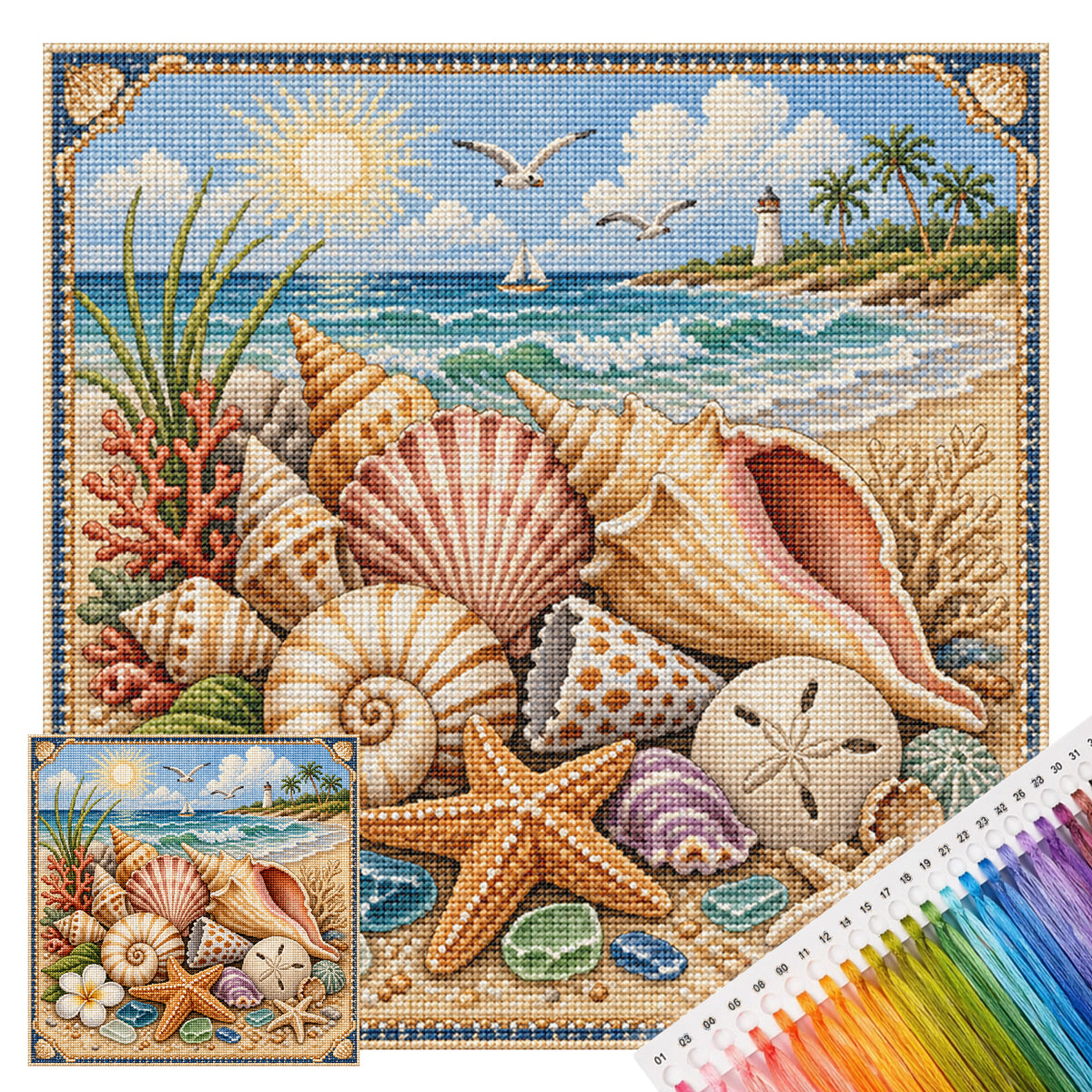 Strand-Muschel - Vollständiges 11CT gestempeltes Kreuzstich-Set 45x45CM - Huacan