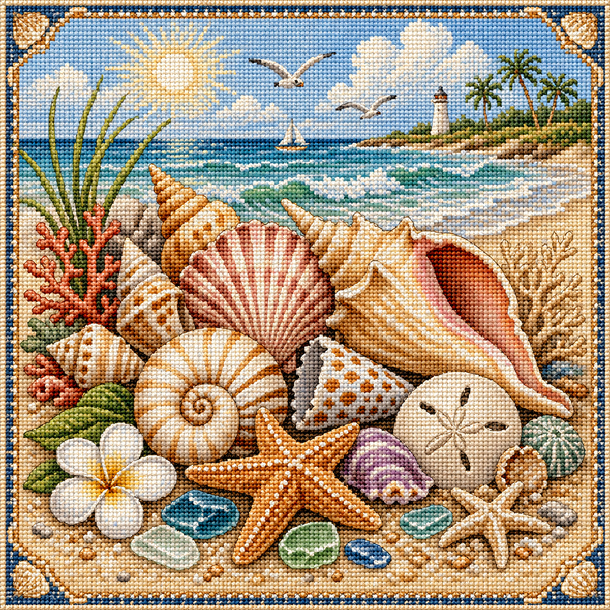 Strand-Muschel - Vollständiges 11CT gestempeltes Kreuzstich-Set 45x45CM - Huacan