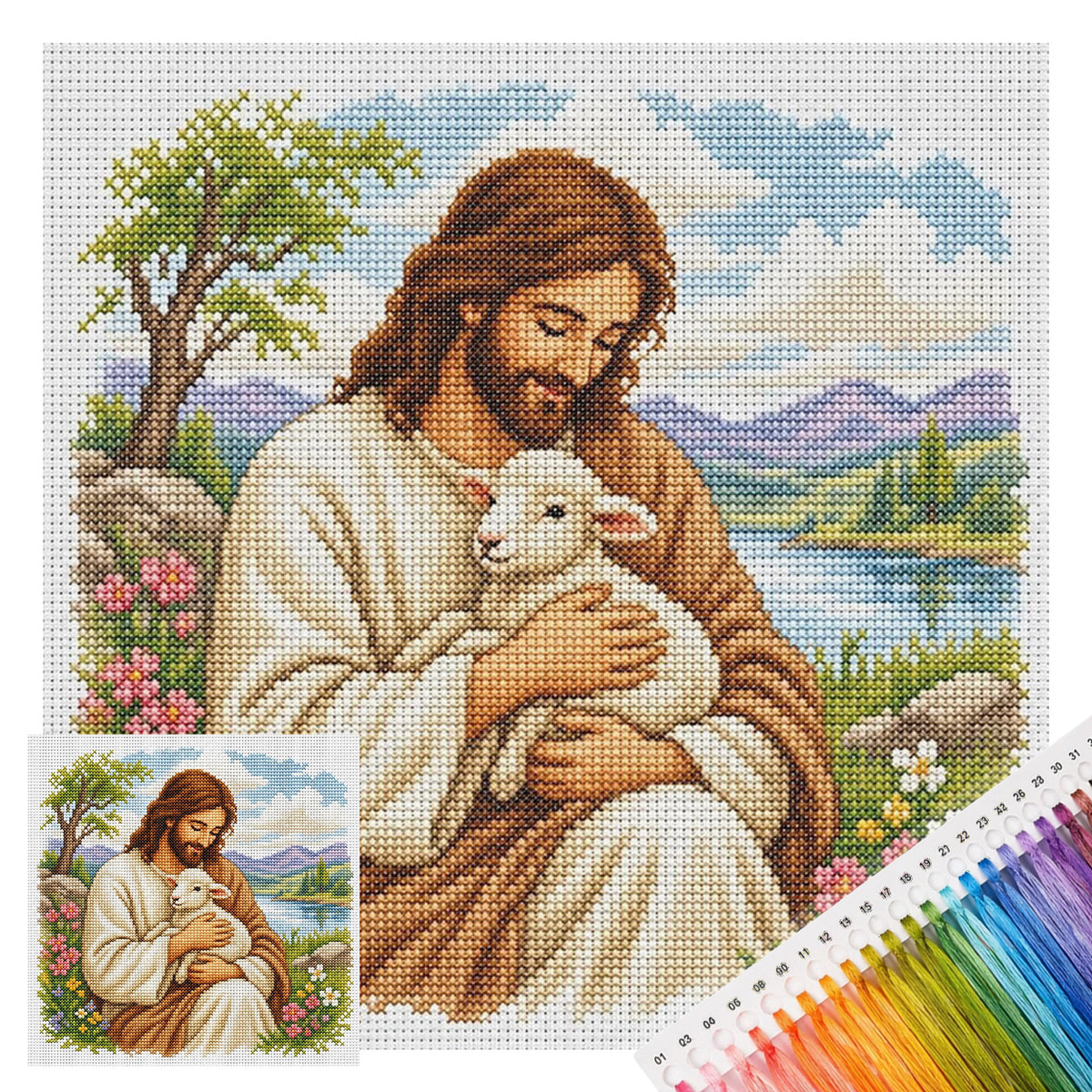 Jesus And Sheep - Full 11CT Stamped Cross Stitch 45x45CM - Huacan