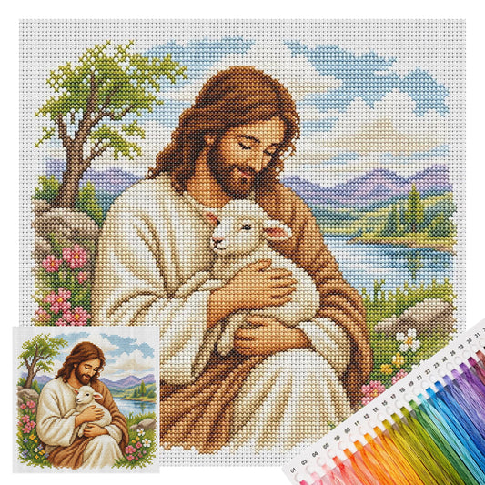 Jesus und Schafe - Vollständiges 11CT Stempel-Kreuzstichset 45x45CM - Huacan