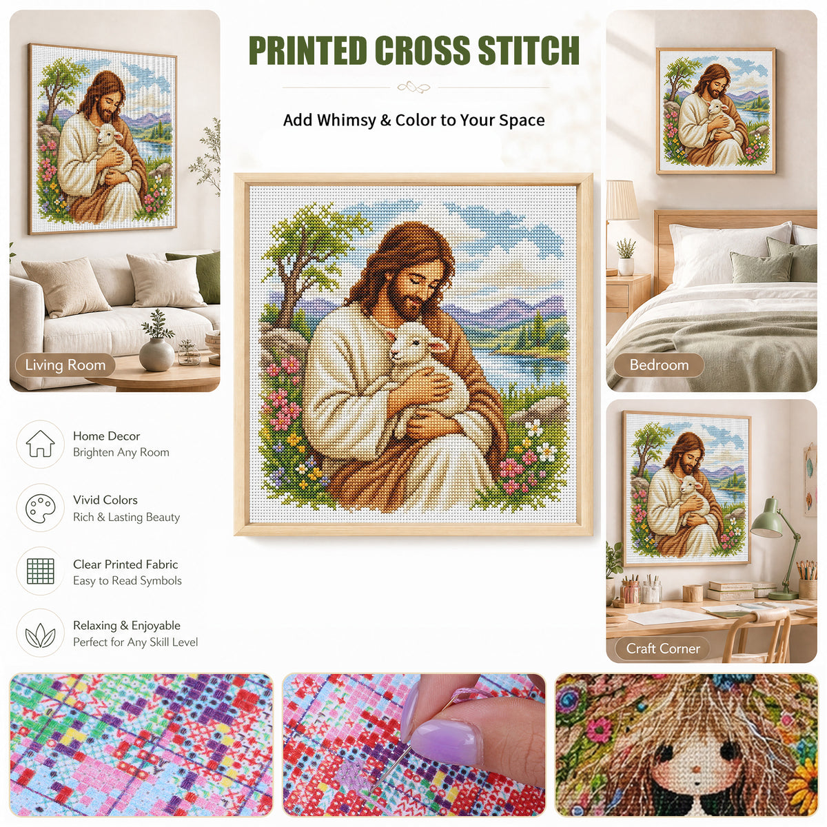 Jesus And Sheep - Full 11CT Stamped Cross Stitch 45x45CM - Huacan