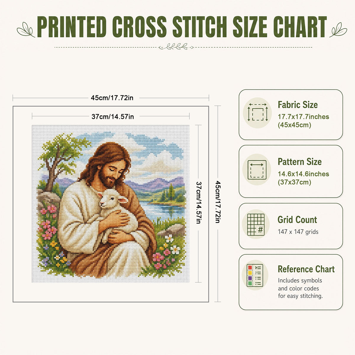Jesus And Sheep - Full 11CT Stamped Cross Stitch 45x45CM - Huacan