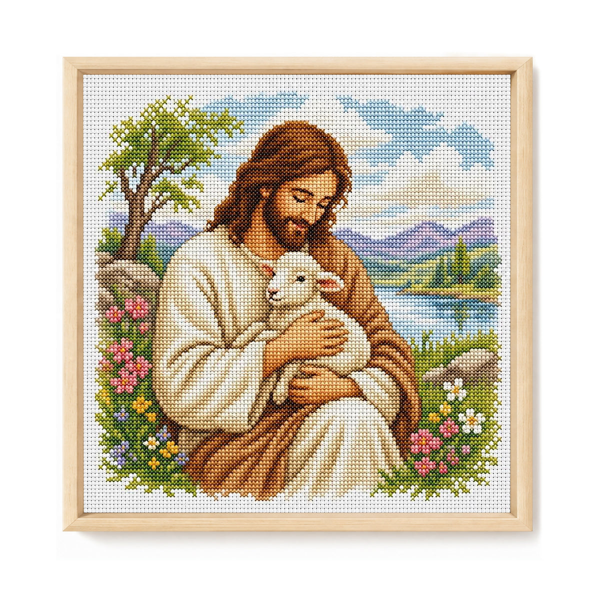Jesus And Sheep - Full 11CT Stamped Cross Stitch 45x45CM - Huacan