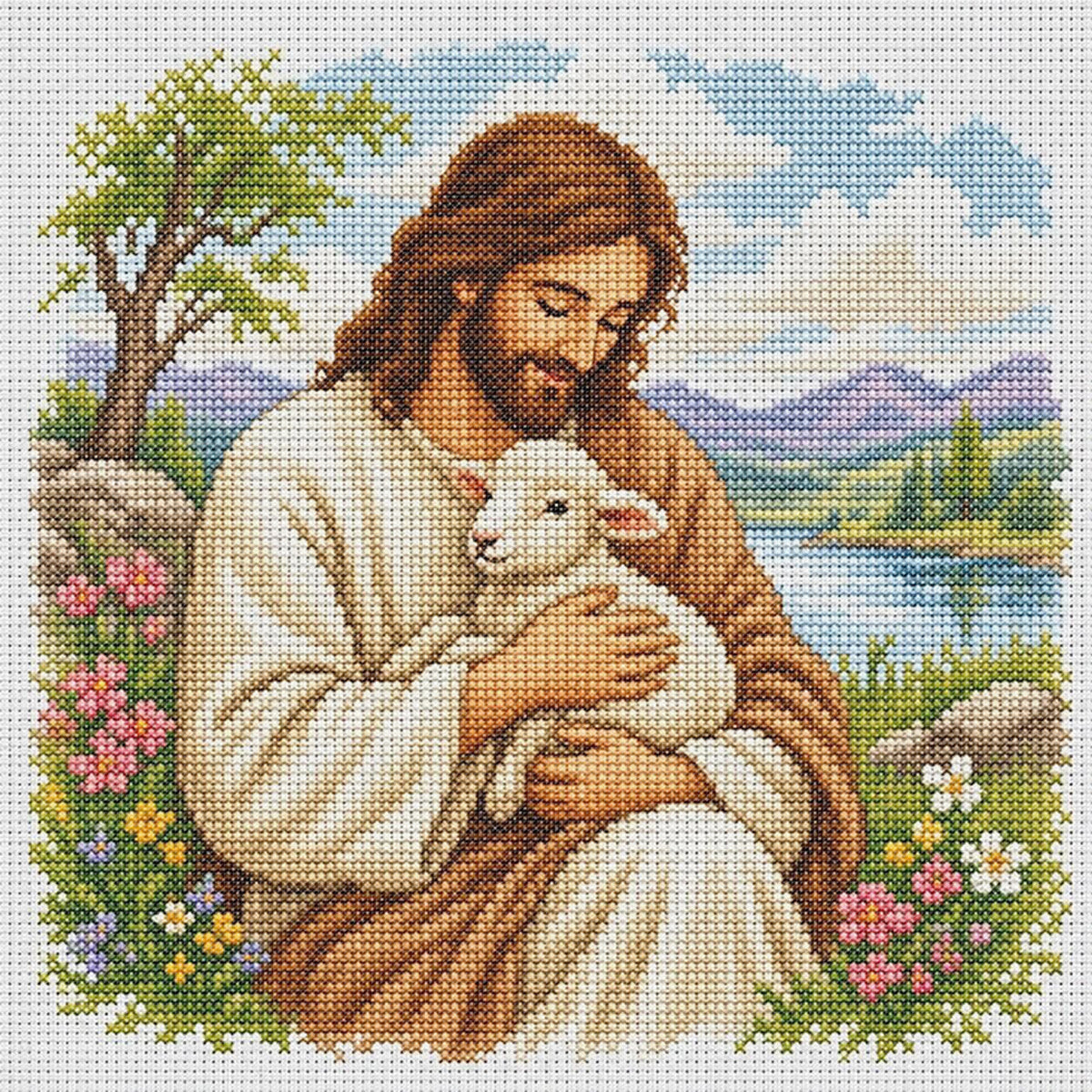 Jesus And Sheep - Full 11CT Stamped Cross Stitch 45x45CM - Huacan