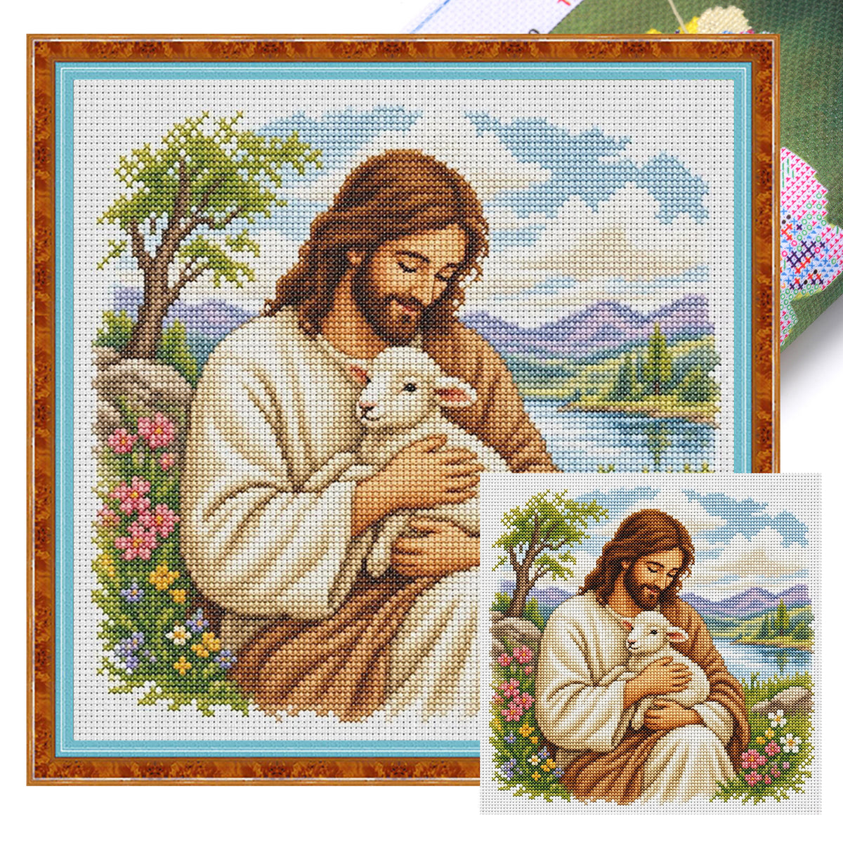 Jesus And Sheep - Full 11CT Stamped Cross Stitch 45x45CM - Huacan