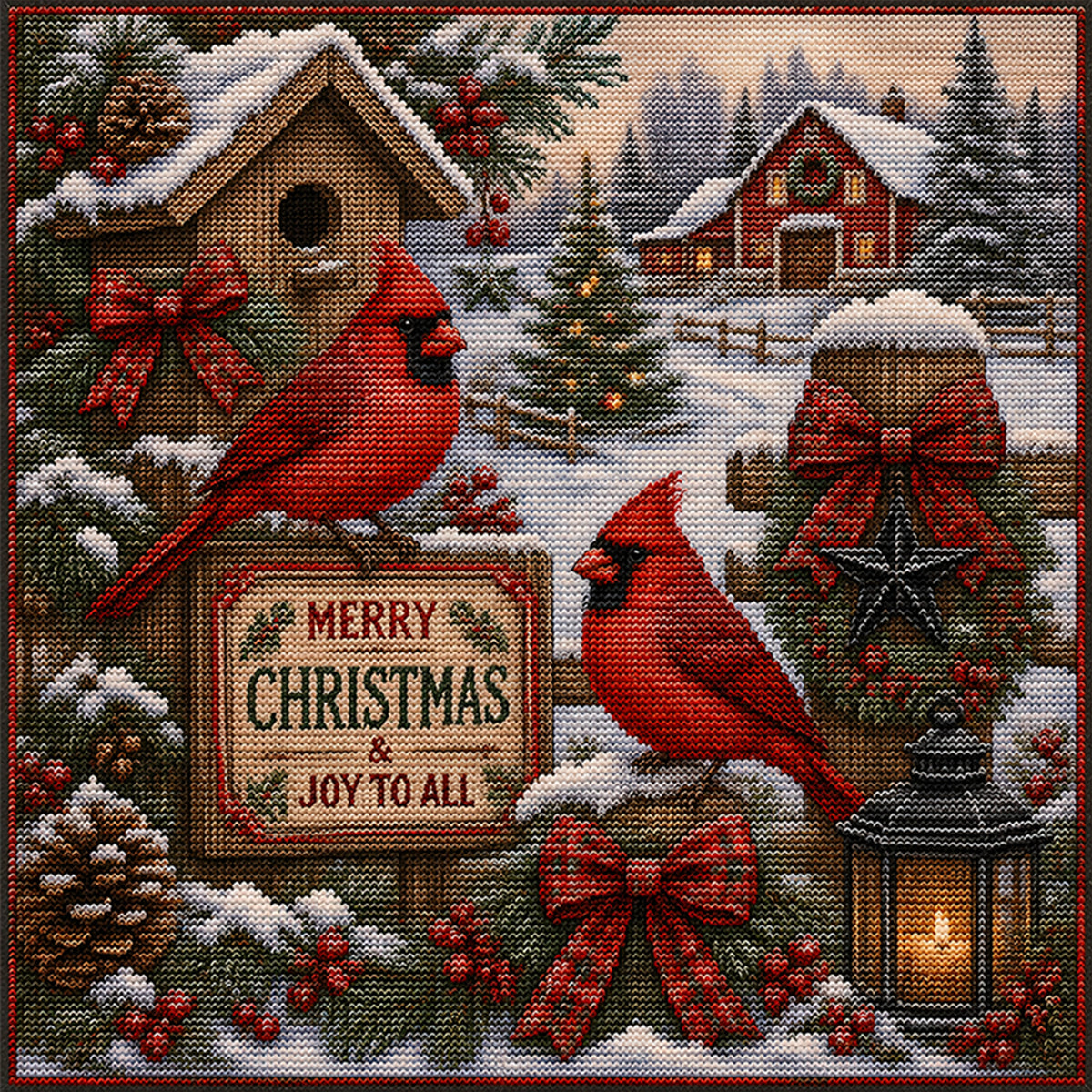 Red Bird In Snow Forest - Full 11CT Stamped Cross Stitch 45x45CM - Huacan