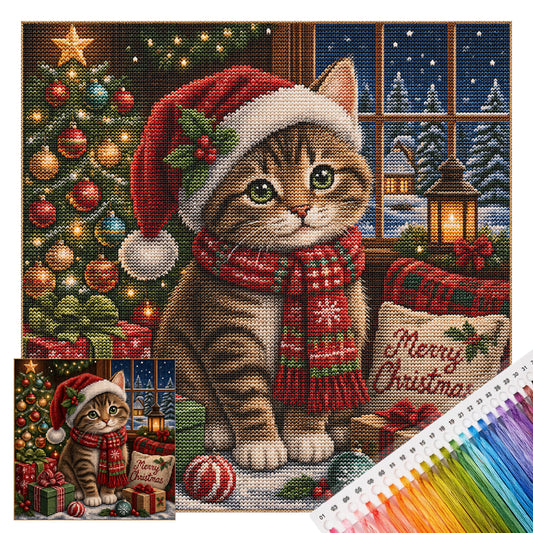 Süße Weihnachts-Katze – Vollständiges 11CT Stempel-Kreuzstich-Set 45x45 cm – Huacan