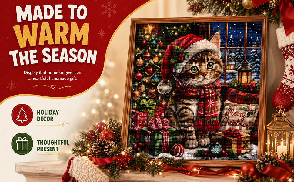 Süße Weihnachts-Katze – Vollständiges 11CT Stempel-Kreuzstich-Set 45x45 cm – Huacan