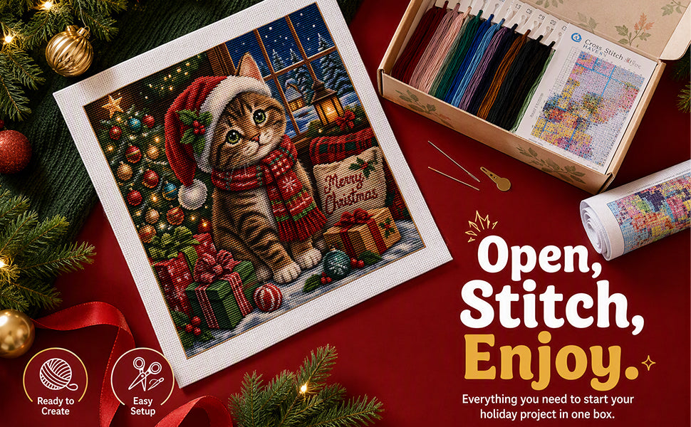 Süße Weihnachts-Katze – Vollständiges 11CT Stempel-Kreuzstich-Set 45x45 cm – Huacan