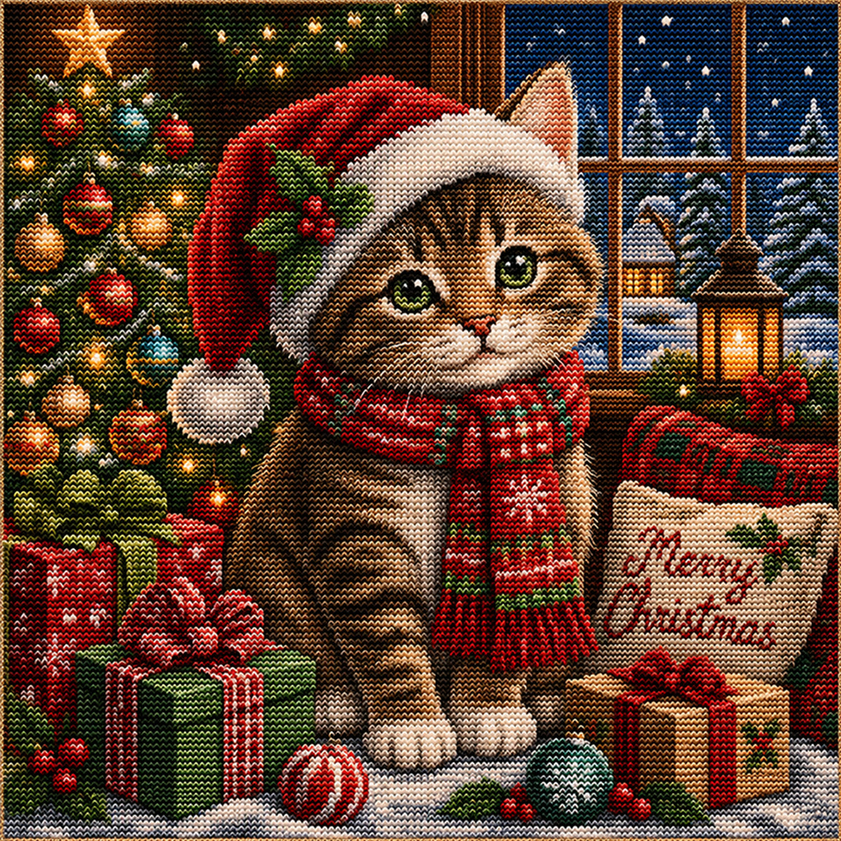 Süße Weihnachts-Katze – Vollständiges 11CT Stempel-Kreuzstich-Set 45x45 cm – Huacan
