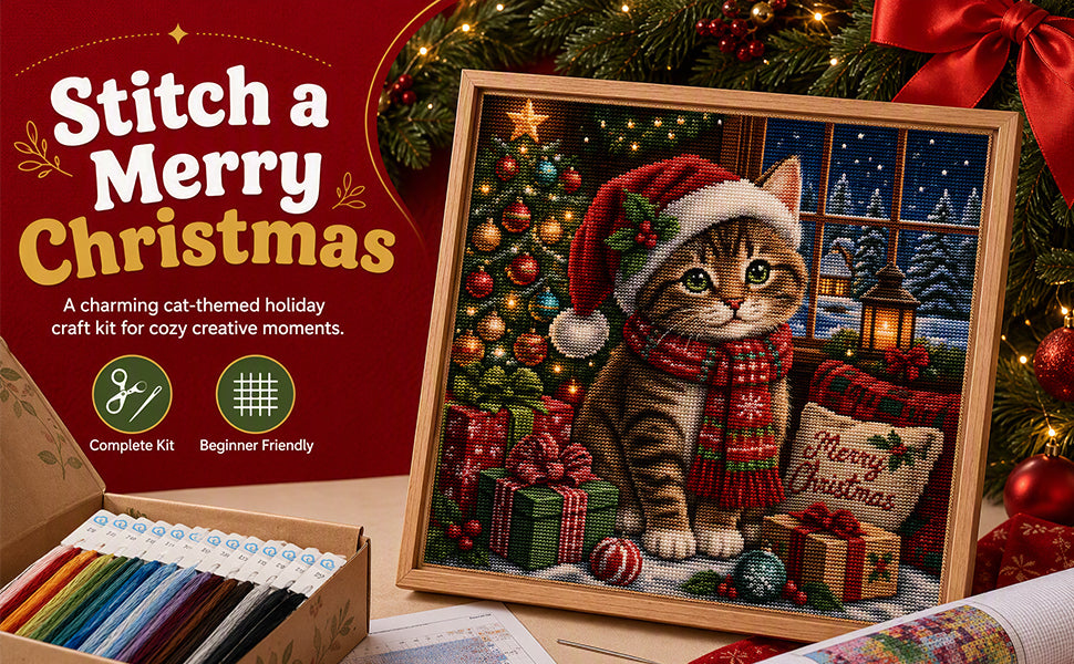 Süße Weihnachts-Katze – Vollständiges 11CT Stempel-Kreuzstich-Set 45x45 cm – Huacan