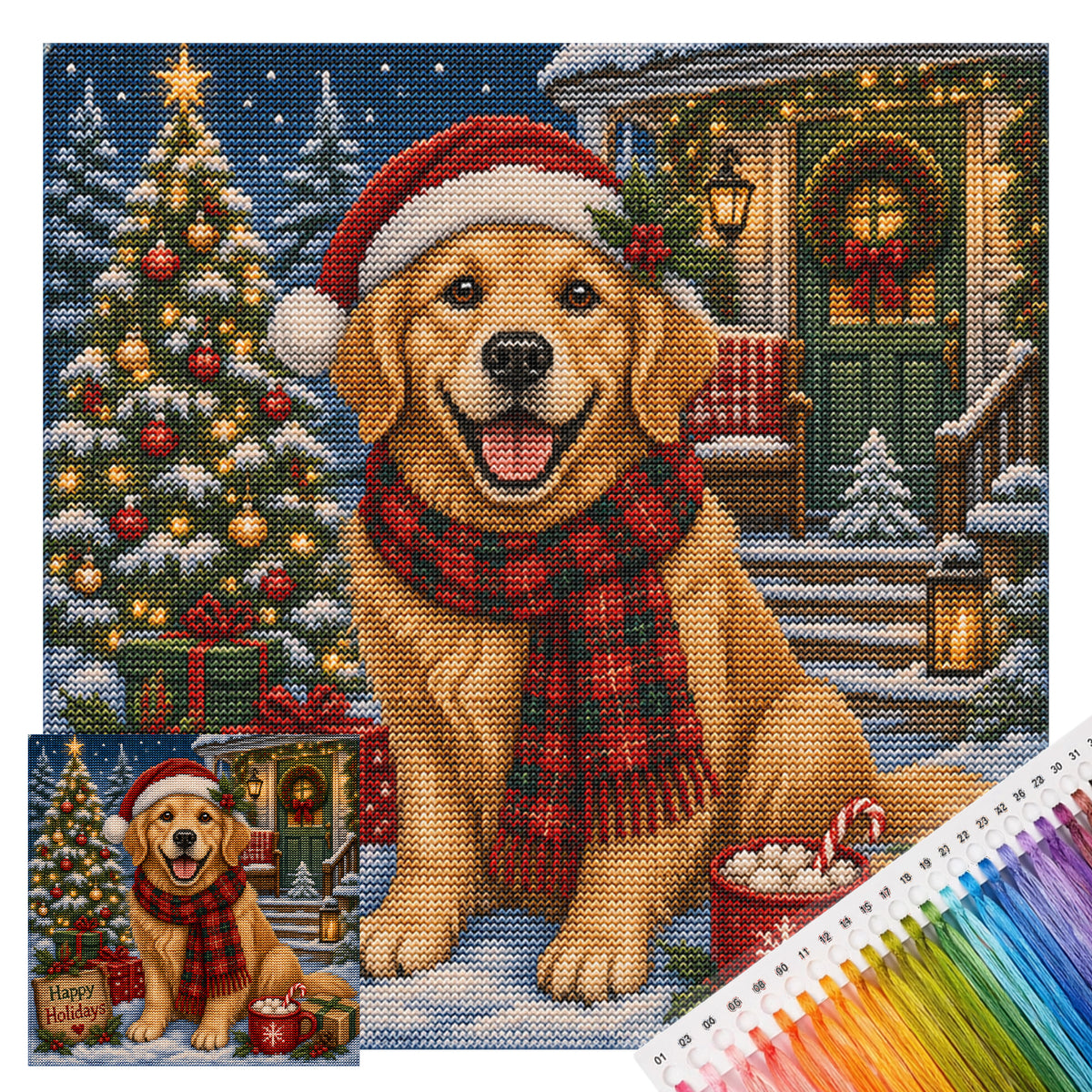 Holiday Dog - Full 11CT Stamped Cross Stitch 45x45CM - Huacan