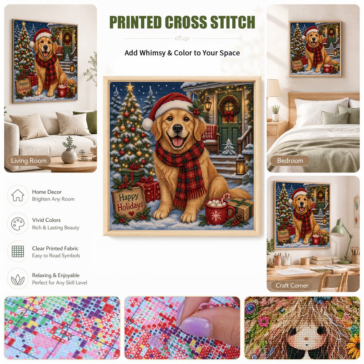 Holiday Dog - Full 11CT Stamped Cross Stitch 45x45CM - Huacan