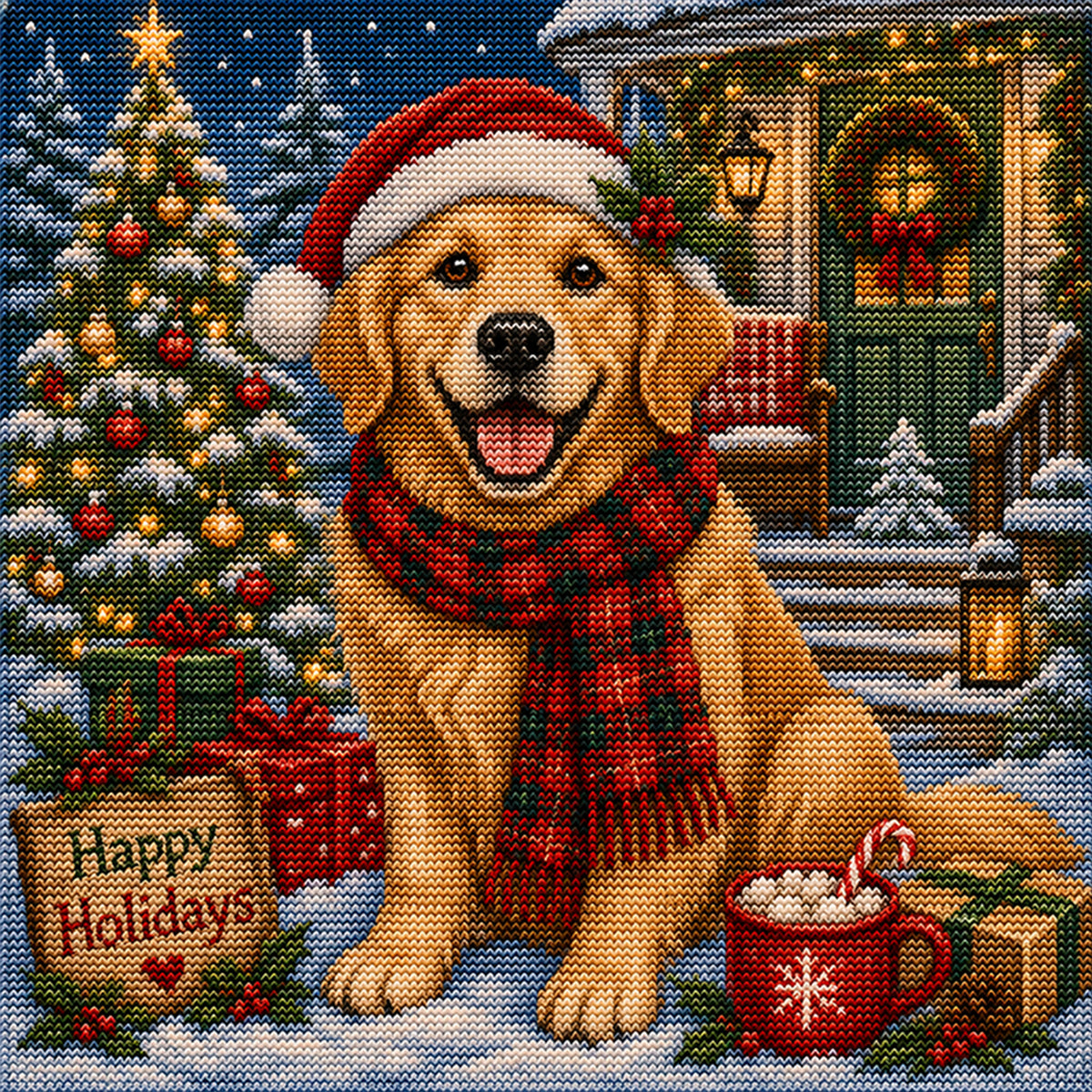 Holiday Dog - Full 11CT Stamped Cross Stitch 45x45CM - Huacan