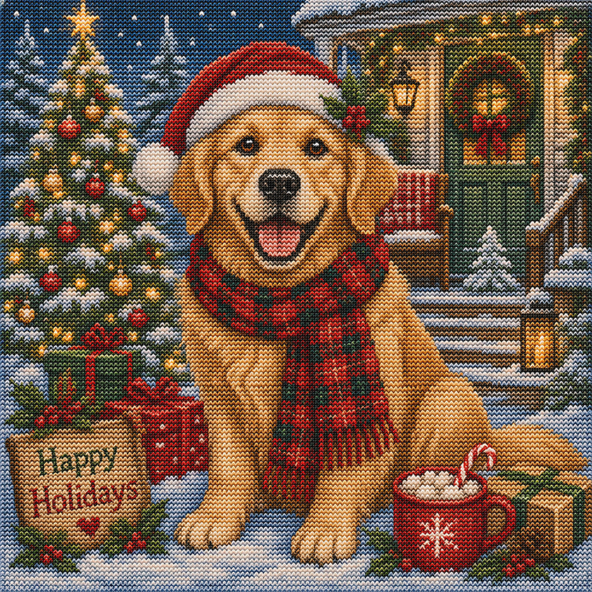 Holiday Dog - Full 11CT Stamped Cross Stitch 45x45CM - Huacan