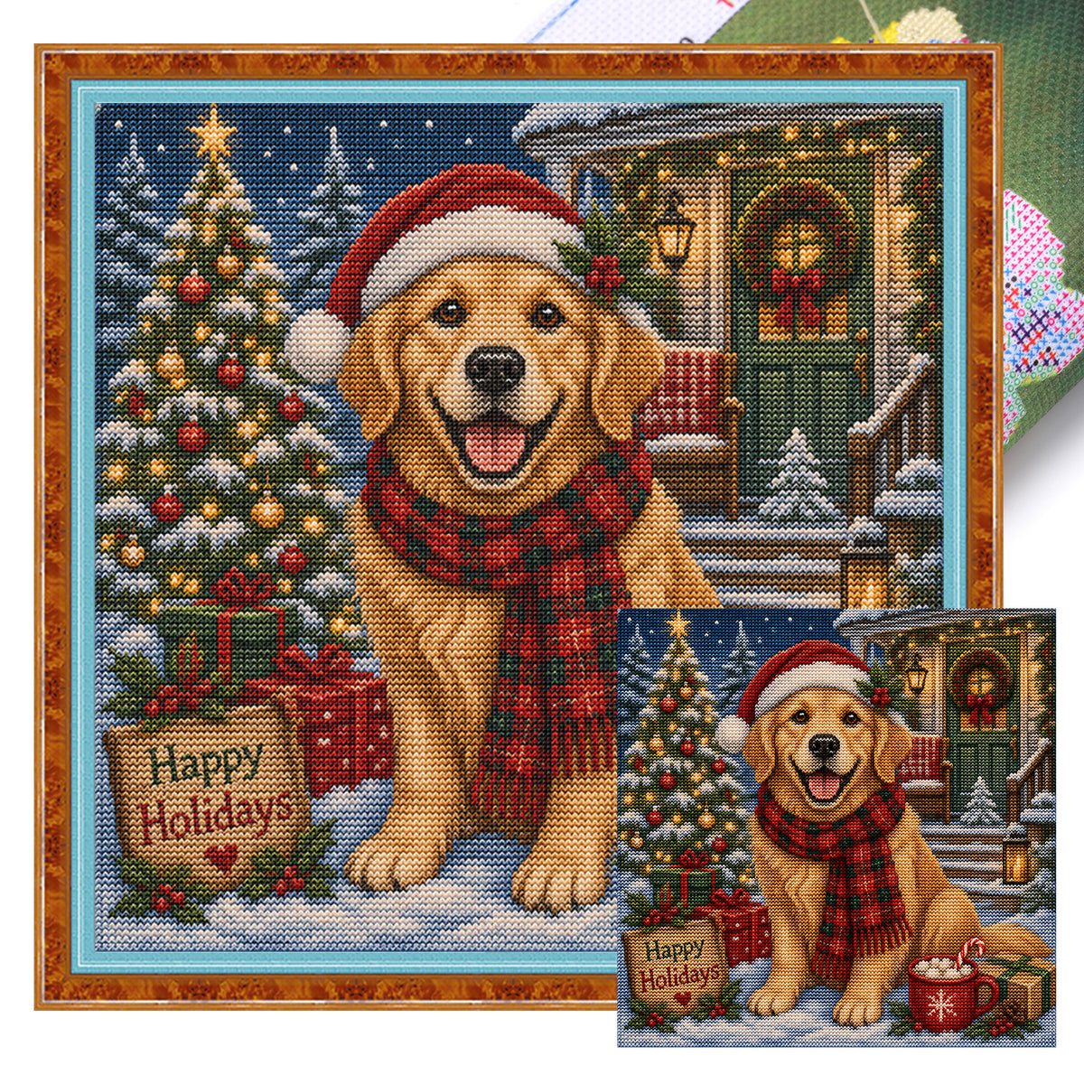 Holiday Dog - Full 11CT Stamped Cross Stitch 45x45CM - Huacan