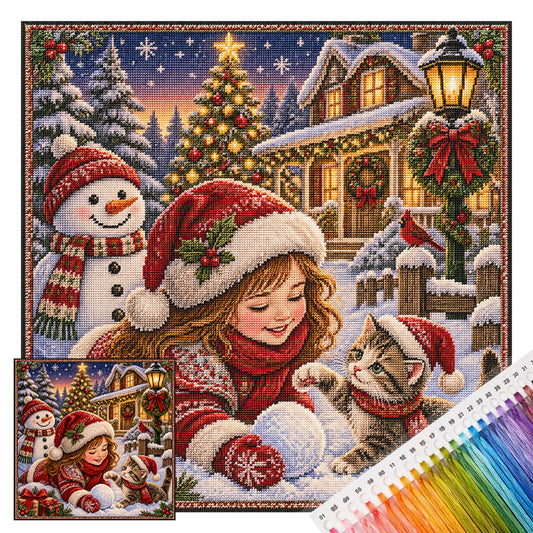 Mädchen im Schnee – Vollständiges 11CT Stempel-Kreuzstichset 45x45CM – Huacan