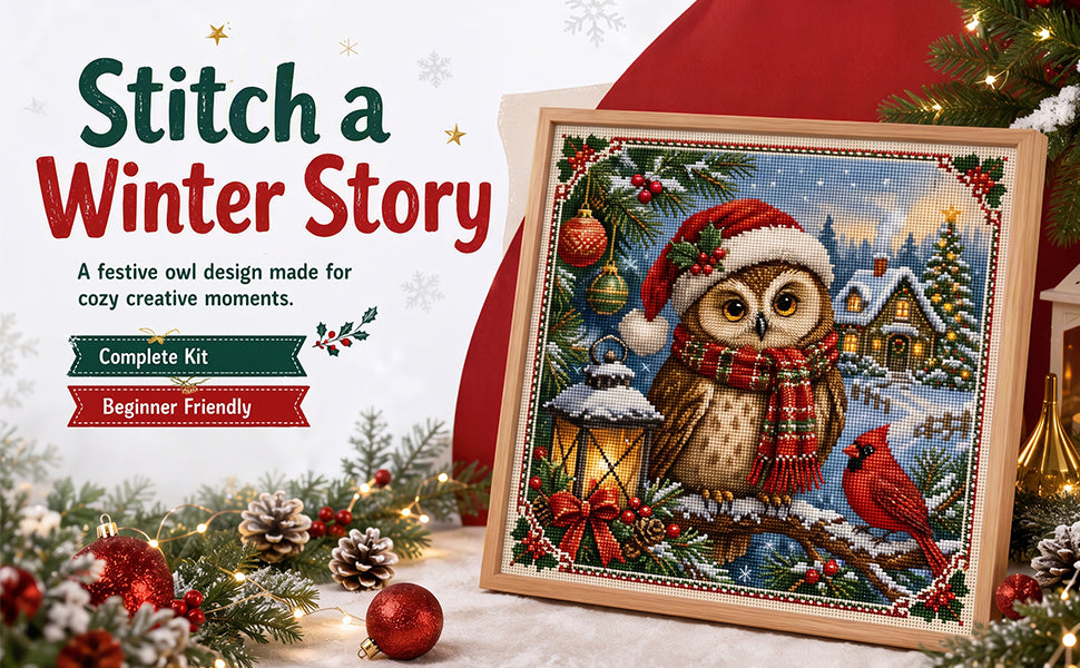 Owl In Winter Forest - Full 11CT Stamped Cross Stitch 45x45CM - Huacan