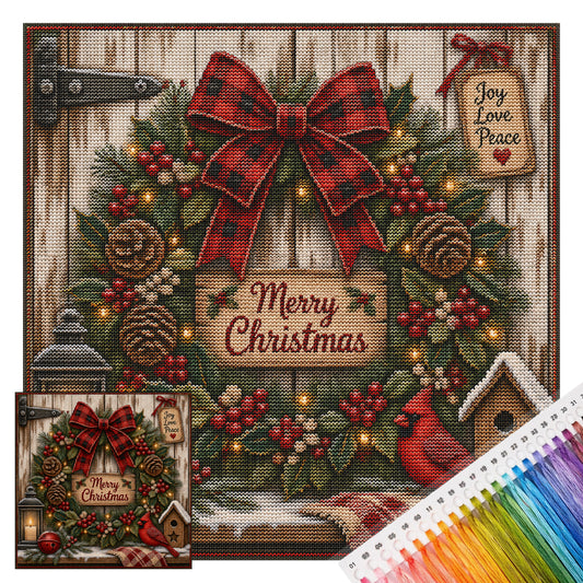 Ländlicher Weihnachtskranz - Vollständiges 11CT gestempeltes Kreuzstich-Set 45x45CM - Huacan