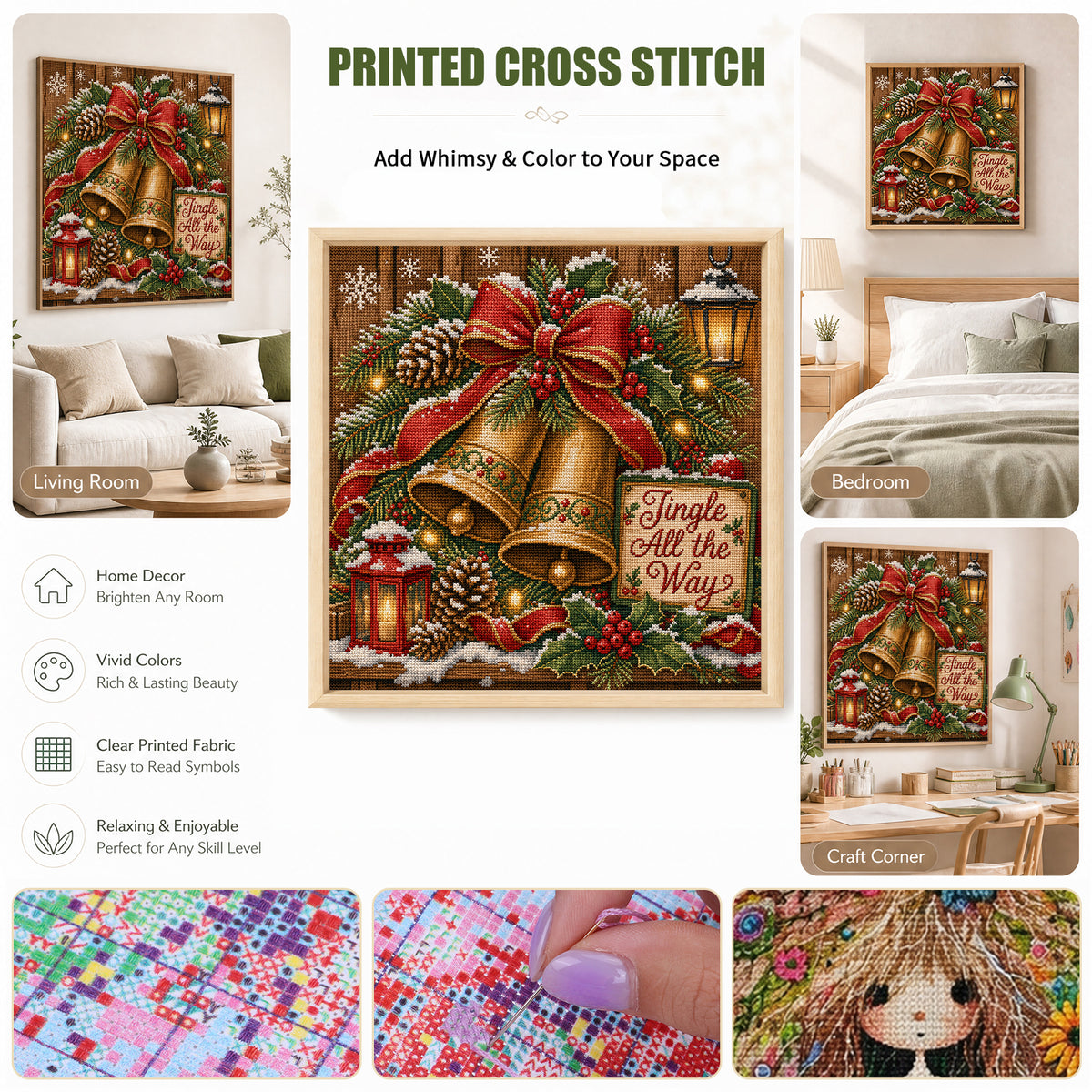 Christmas Bell Wreath - Full 11CT Stamped Cross Stitch 45x45CM - Huacan