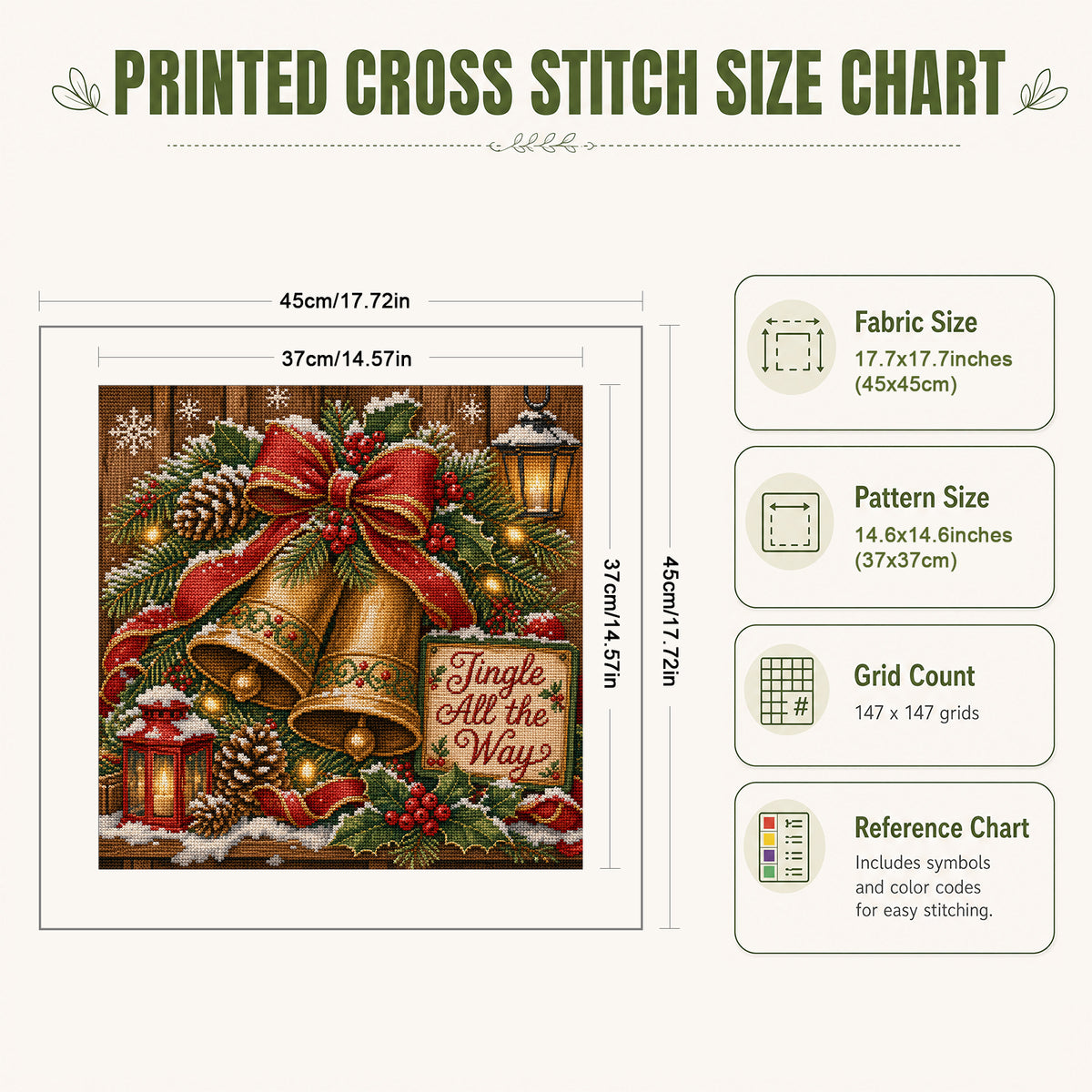 Christmas Bell Wreath - Full 11CT Stamped Cross Stitch 45x45CM - Huacan