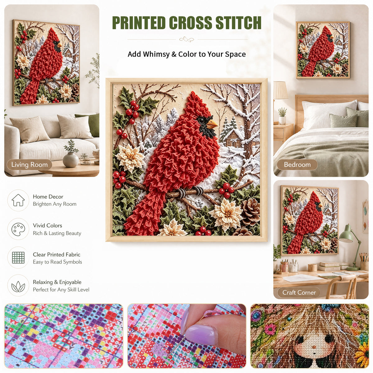 Christmas Red Bird Winter Scene - Full 11CT Stamped Cross Stitch 40x40CM - Huacan
