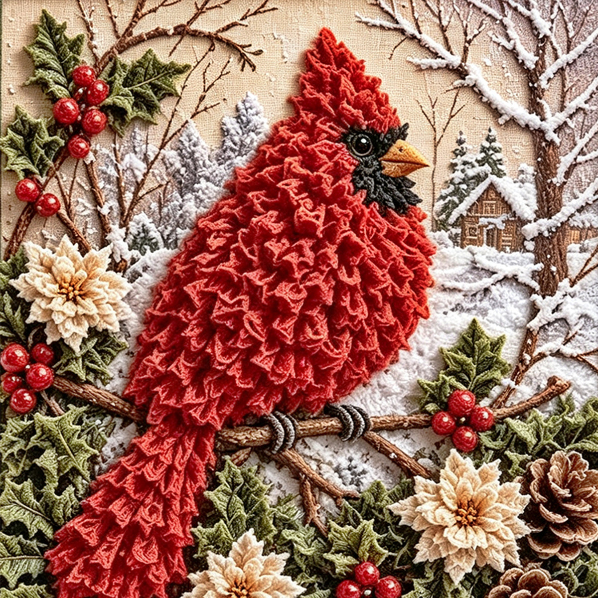 Christmas Red Bird Winter Scene - Full 11CT Stamped Cross Stitch 40x40CM - Huacan