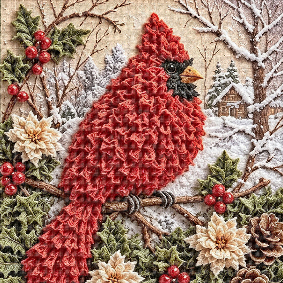 Christmas Red Bird Winter Scene - Full 11CT Stamped Cross Stitch 40x40CM - Huacan