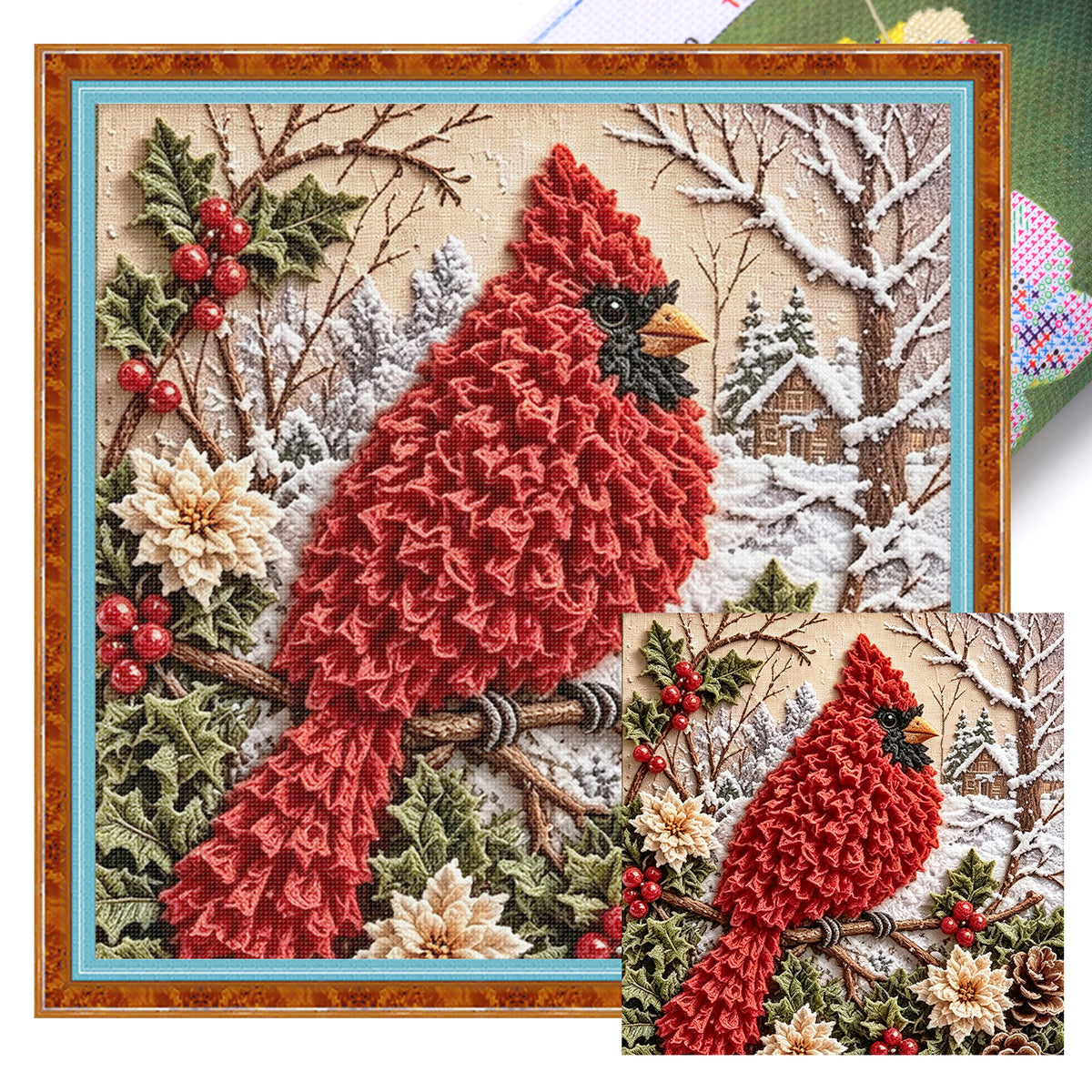 Christmas Red Bird Winter Scene - Full 11CT Stamped Cross Stitch 40x40CM - Huacan