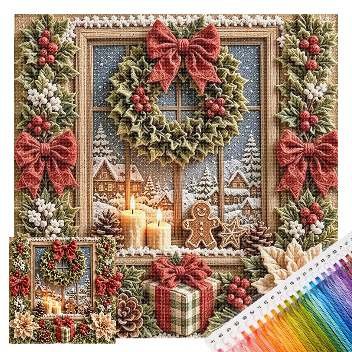 Christmas Wreath By Window - Full 11CT Stamped Cross Stitch 40x40CM - Huacan