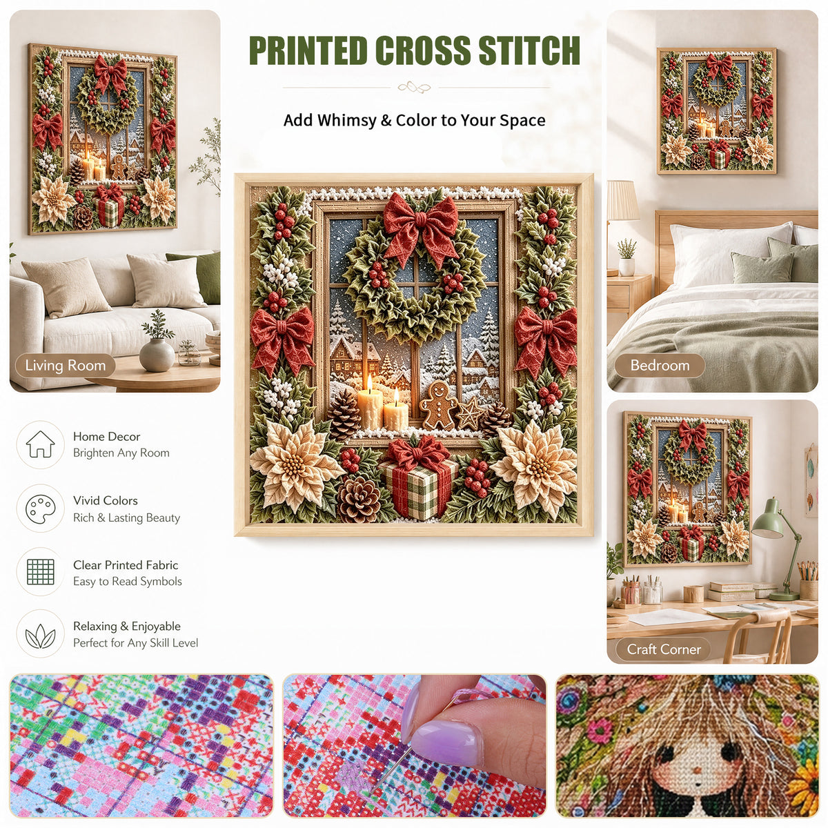 Christmas Wreath By Window - Full 11CT Stamped Cross Stitch 40x40CM - Huacan