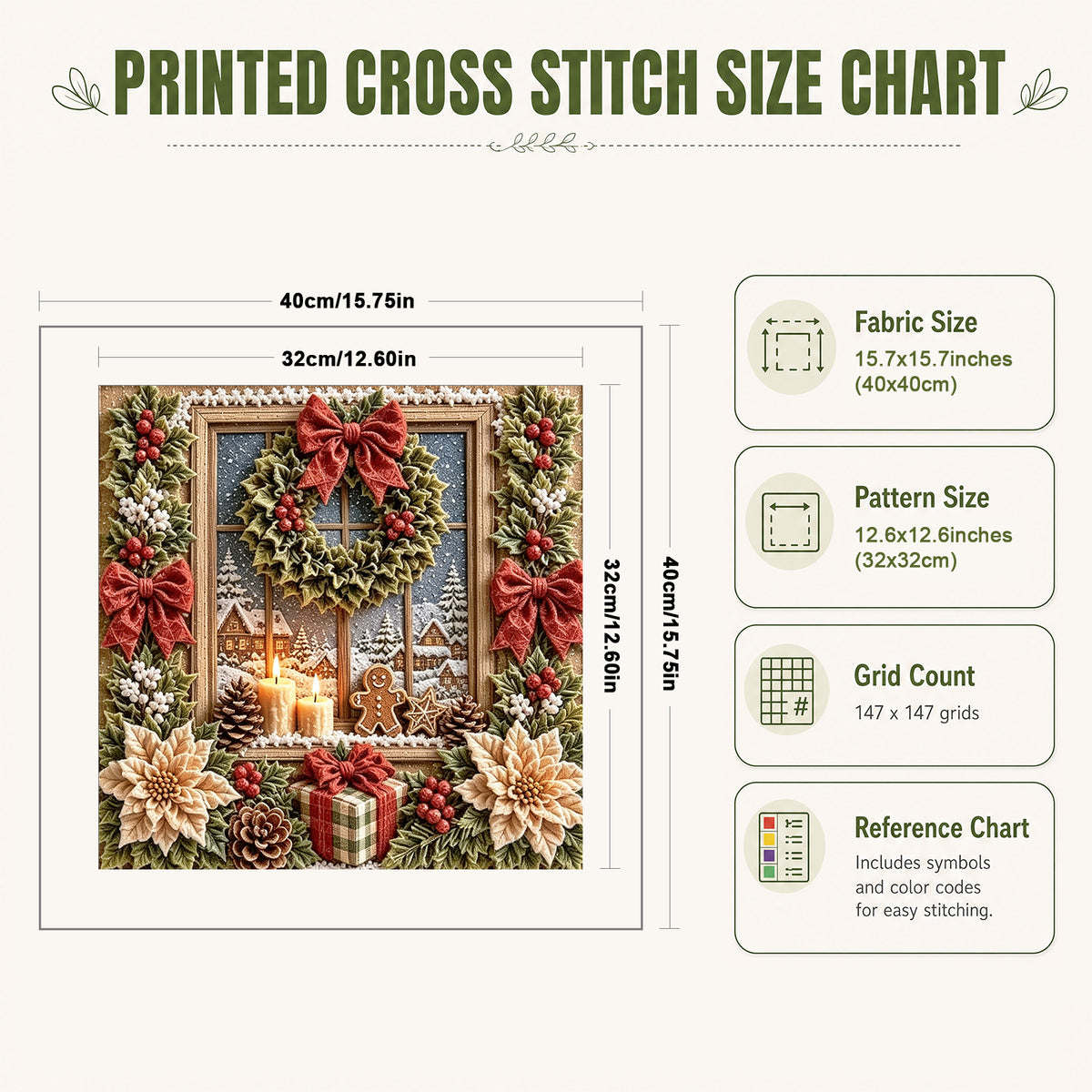 Christmas Wreath By Window - Full 11CT Stamped Cross Stitch 40x40CM - Huacan