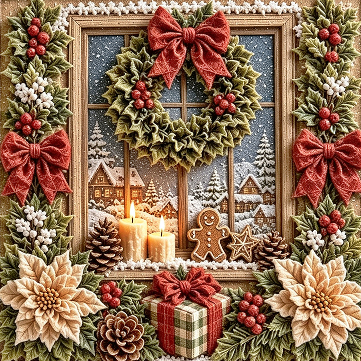 Christmas Wreath By Window - Full 11CT Stamped Cross Stitch 40x40CM - Huacan