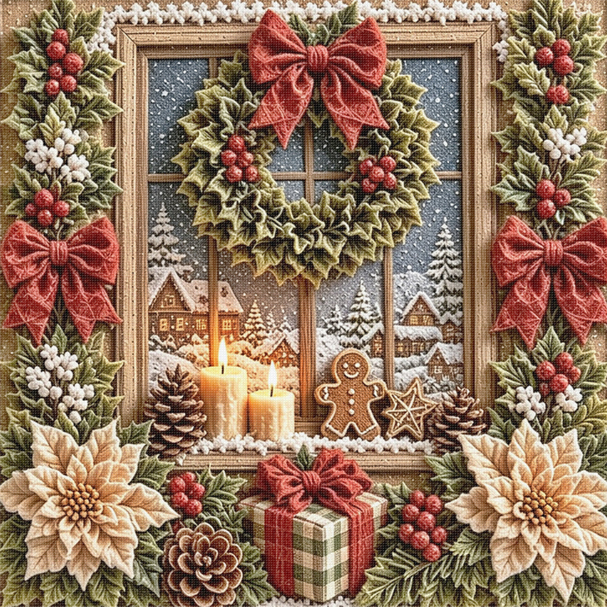 Christmas Wreath By Window - Full 11CT Stamped Cross Stitch 40x40CM - Huacan