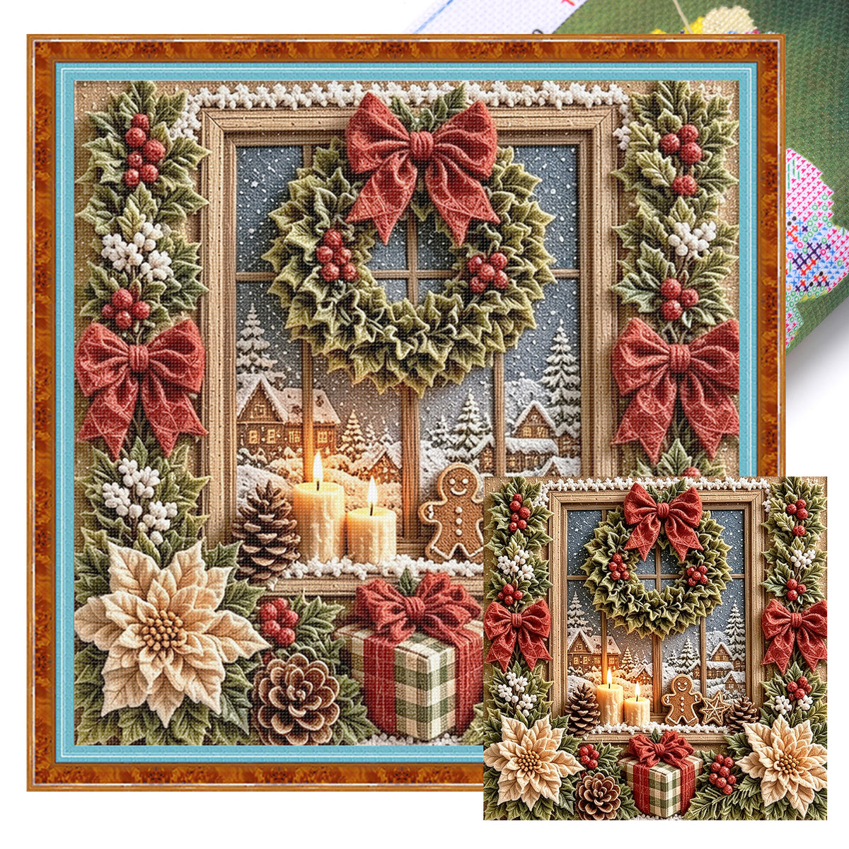 Christmas Wreath By Window - Full 11CT Stamped Cross Stitch 40x40CM - Huacan