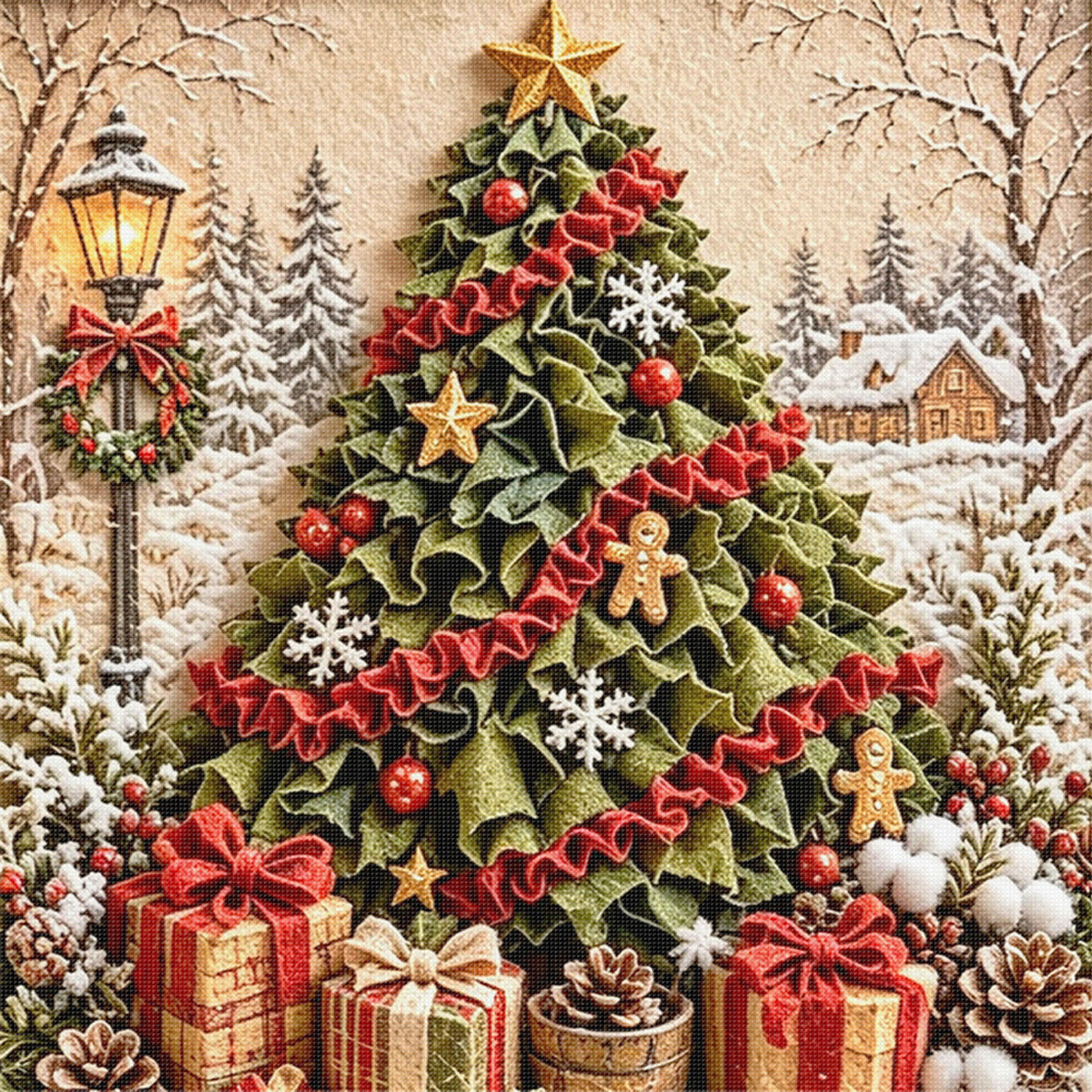 Christmas Tree With Gifts - Full 11CT Stamped Cross Stitch 40x40CM - Huacan