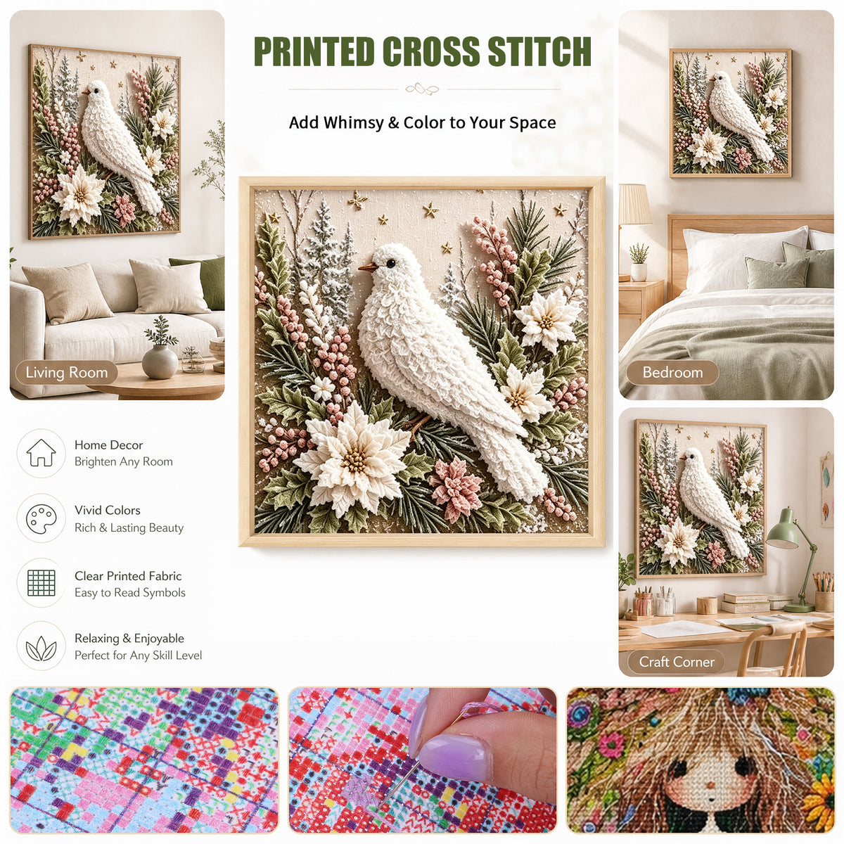 Christmas Peace Dove - Full 11CT Stamped Cross Stitch 40x40CM - Huacan