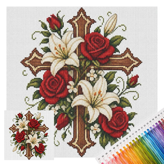 Blumenstrauß Heiliges Kreuz - Vollständiges 11CT Stempel-Kreuzstichset 40x40CM - Huacan