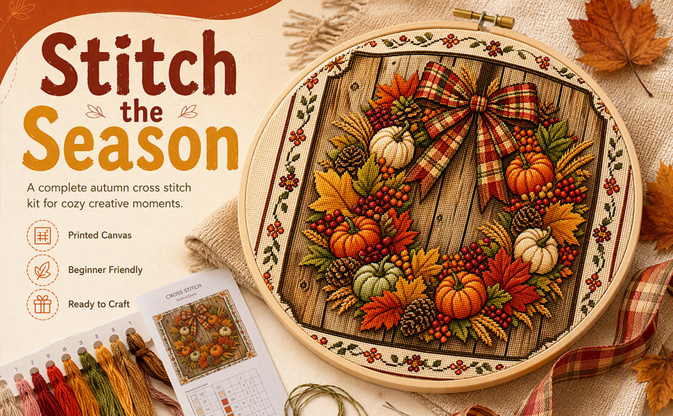 Fall Wreath - Full 11CT Stamped Cross Stitch 45x45CM - Huacan