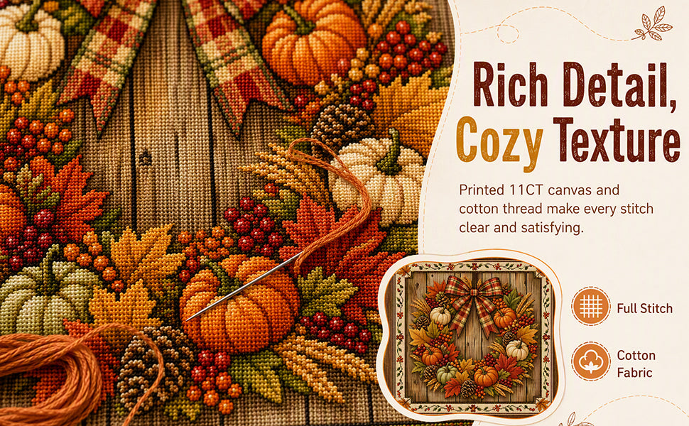 Fall Wreath - Full 11CT Stamped Cross Stitch 45x45CM - Huacan